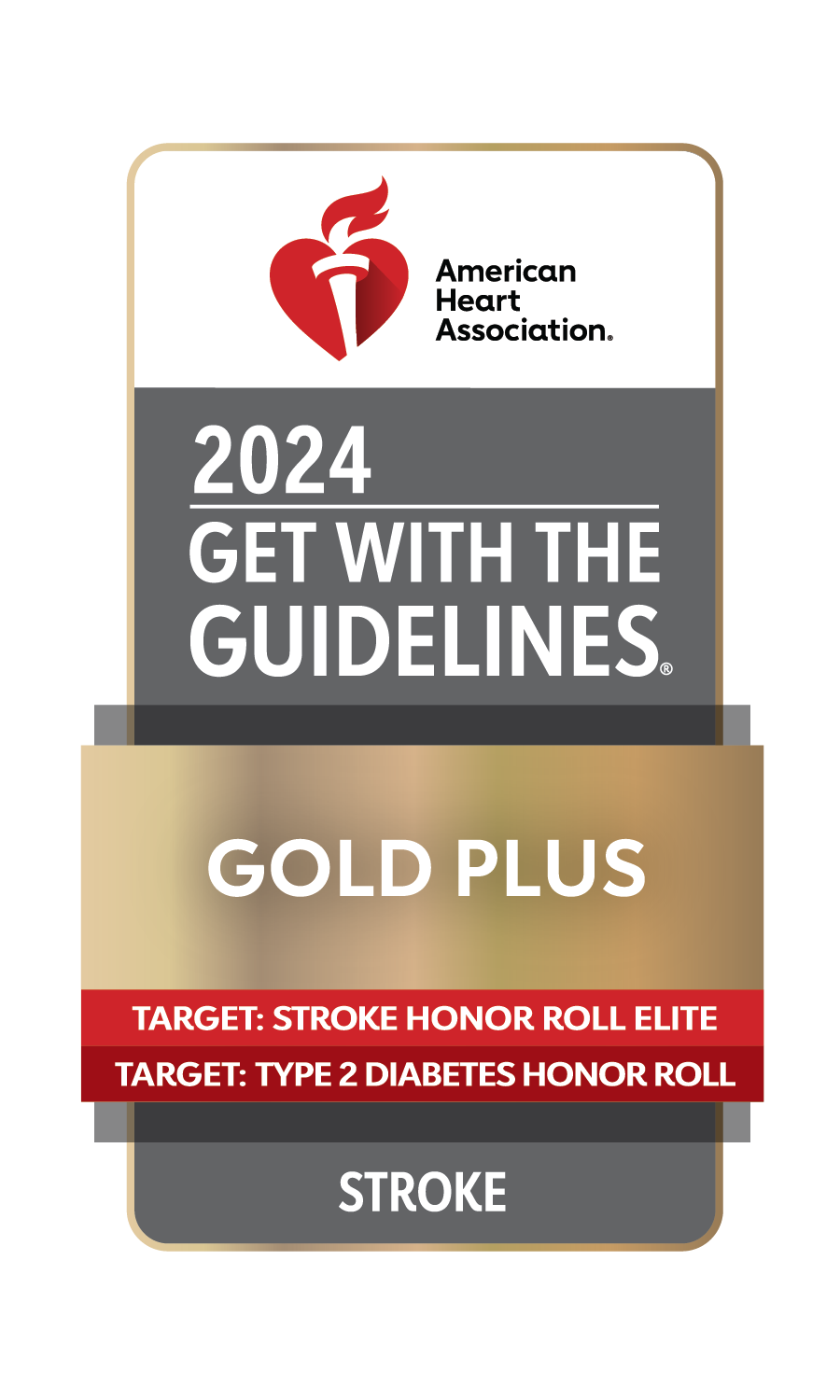 American Heart Association 2024 Get With the Guidelines. Gold Plus Target: Stroke Honor Roll Target: Type 2 Diabetes Honor Roll Stroke