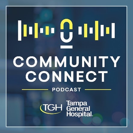 community connect podcast logo featuring yellow and white podcast icon and tampa general hospital logo
