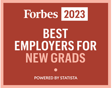 forbes red badge with text forbes 2023 best employers for new grads powered by statista